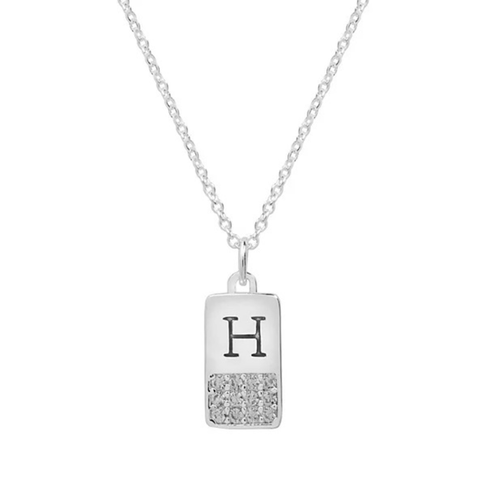 LC mini dog tag “H” silver tone cubic zirconia initial necklace, NWT